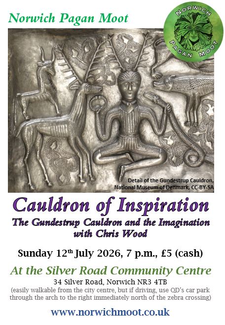 Image promoting the Norwich Moot talk on Sunday 12th July 2026 at 7 p.m.: Cauldron of Inspiration: The Gundestrup Cauldron and the Imagination, with Chris Wood, with a detail from the Gundestrup Cauldron from the National Museum of Denmark, CC-BY-SA, and the Norwich Moot logo of a foliate head on green by Vix Valentine.