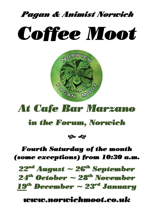 Image promoting the Norwich Pagan Coffee Moot, with dates and the Norwich Moot logo of a foliate head on green by Vix Valentine.