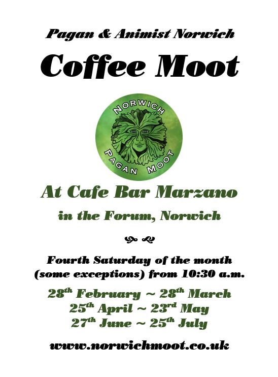 Image promoting the Norwich Pagan Coffee Moot, with dates and the Norwich Moot logo of a foliate head on green by Vix Valentine.