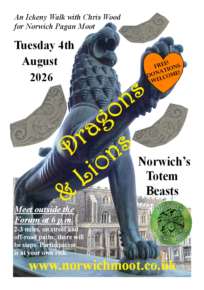 Flier for a walk by Chris Wood: 'Dragons and Lions', showing one of the City Hall bronze lions, with a heart-shaped sign,