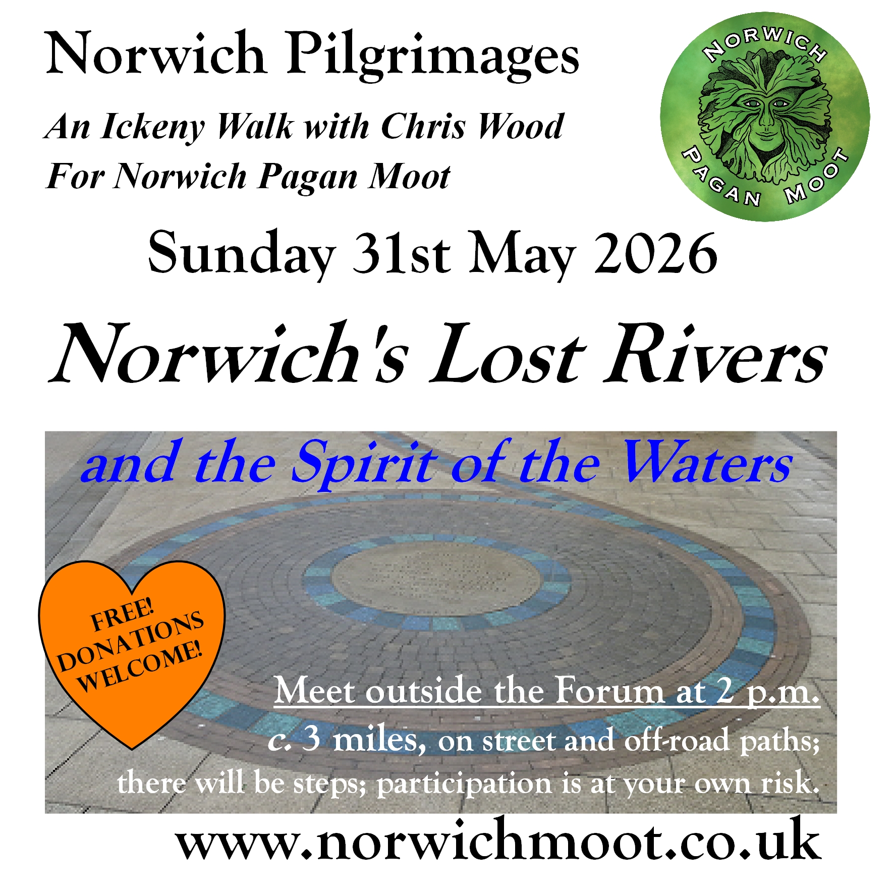 Flier for a walk by Chris Wood on Norwich's lost rivers, showing the artwork at the top of Westlegate marking the Great Cockey.