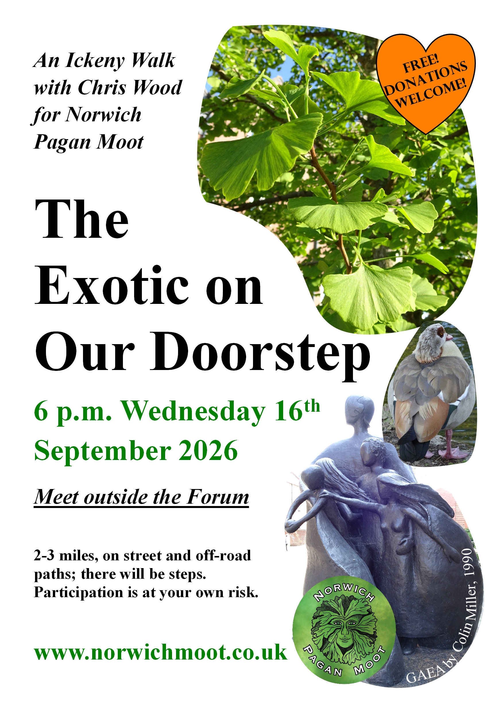 Flier for a walk by Chris Wood: 'The Exotic on Our Doorstep', showing ... 
, together with the Norwich Moot logo of a foliate head on green by Vix Valentine.