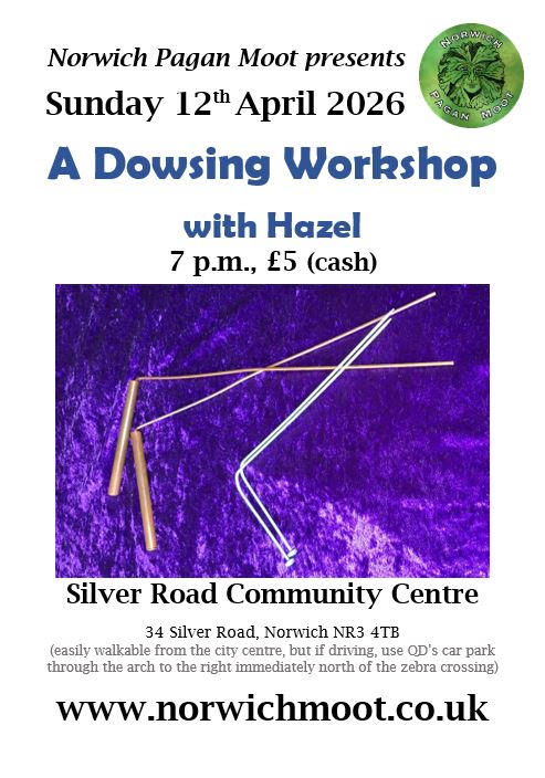 Image promoting the talk by Chris Wood, showing two pairs of dowsing rods and the Norwich Moot logo of a foliate head on green by Vix Valentine.
