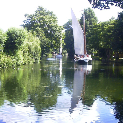 The wherry Hathor on the Wensum in Norwich.