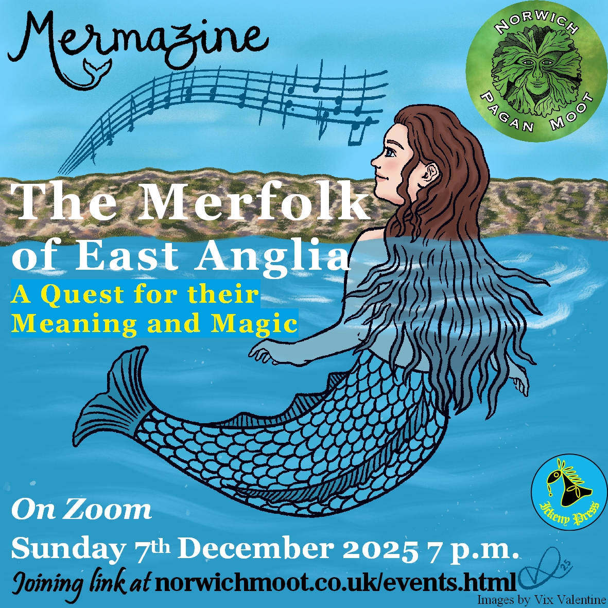 Image promoting the Norwich Moot and Mermazine on-line event on the merfolk of East Anglia, showing an image of a mermaid looking at cliffs with a musical score above them, by Vix Valentine.