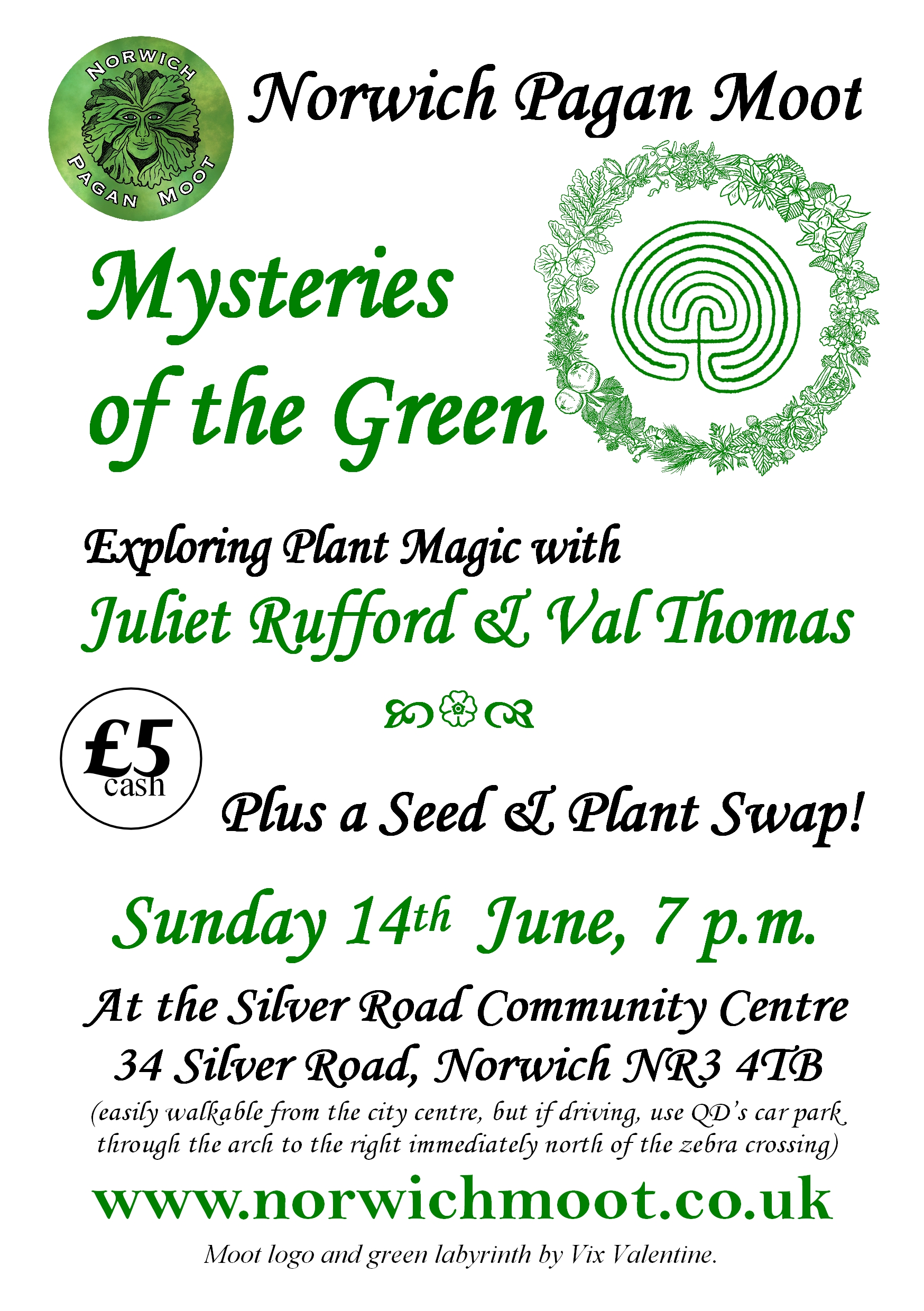 Image promoting the plant magic discussion with Juliet Rufford and Val Thomas, showing a labyrinth in a green wreath and the Norwich Moot logo of a foliate head on green by Vix Valentine.