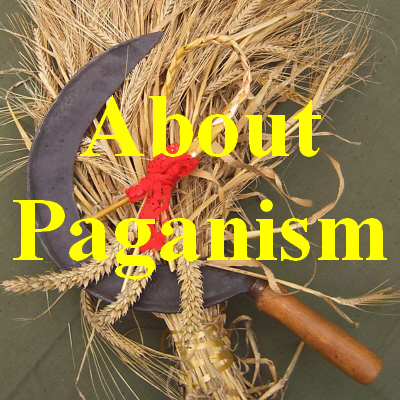 Image of barley, favour of wheat and a sickle on a Lammas altar forming a link to the About Paganism page