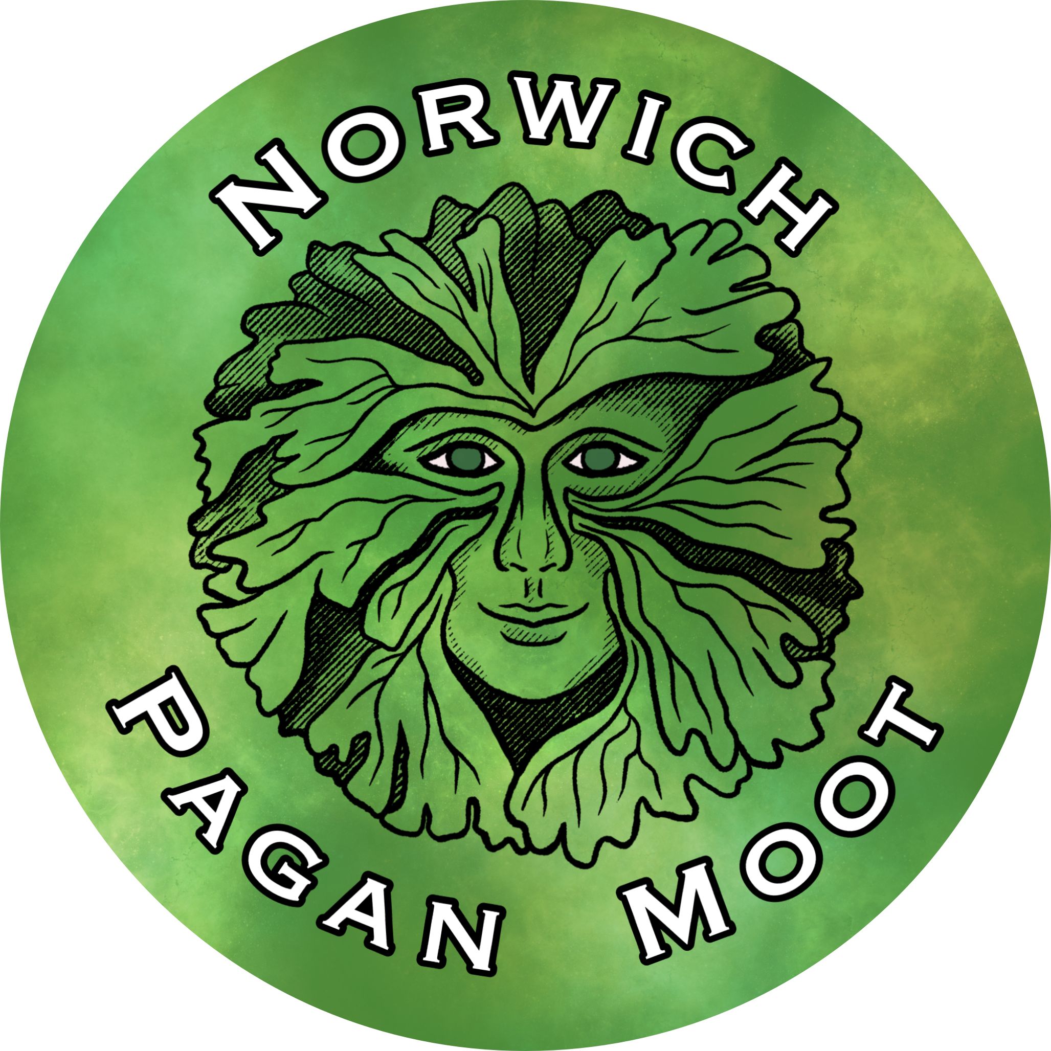 Norwich Pagan Moot logo: a Green Man or foliate head on a green background, by Vix Valentine.