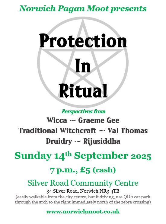 Image promoting the workshop on protection in ritual, including text and a pentacle.