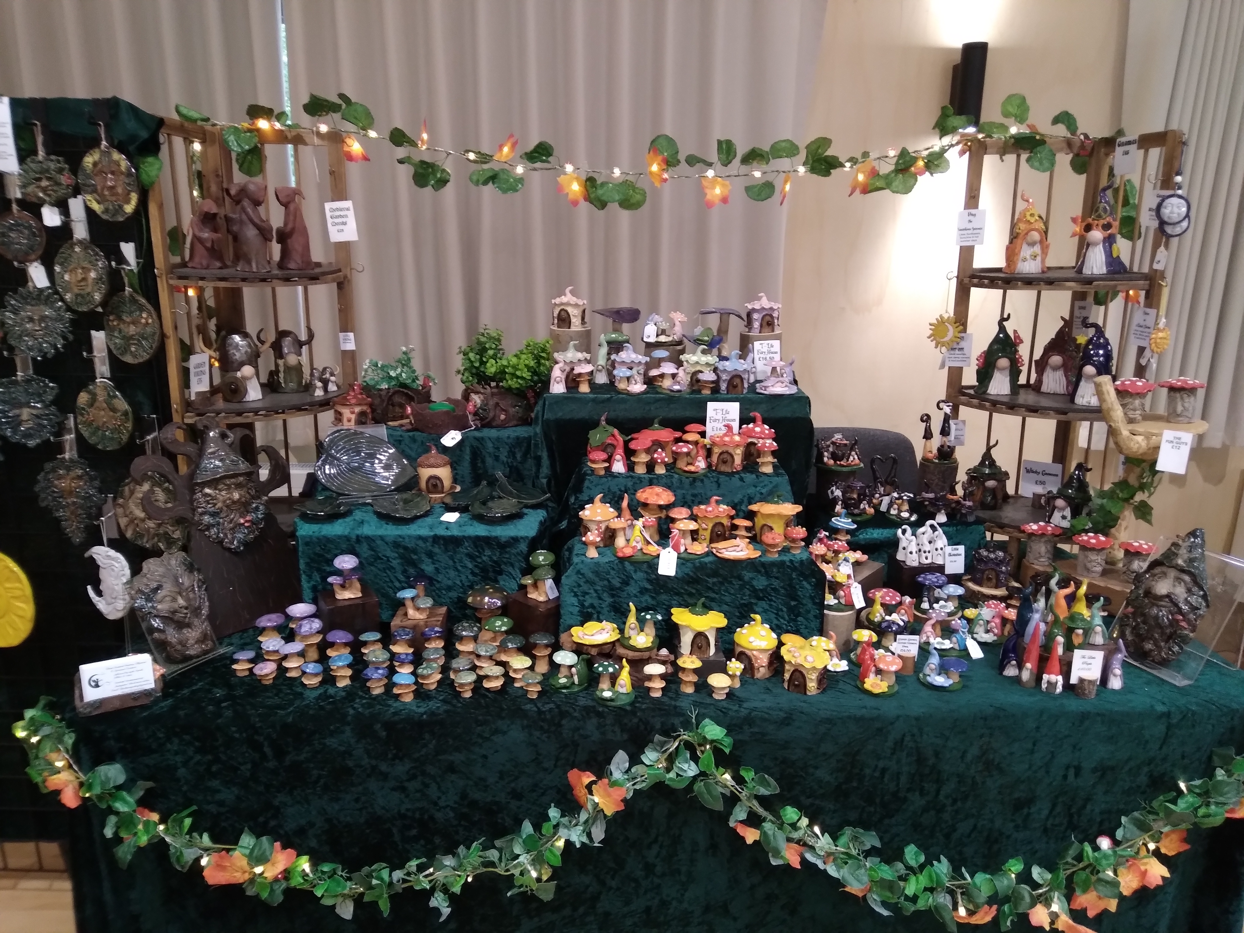 Image showing ceramics by Black Moon Atelier on a stall, including mushrooms and foliate heads. Picture by Rona Powell.